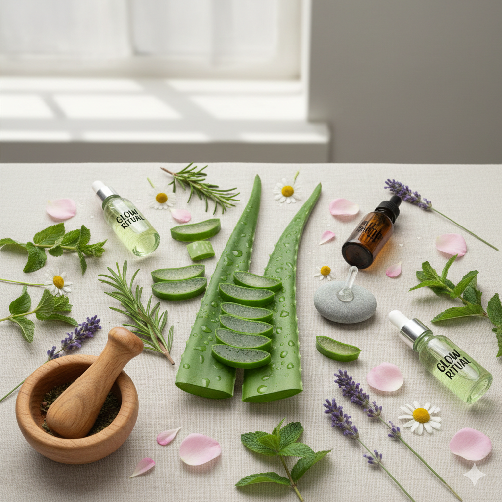 Minimal aesthetic lifestyle image showing calm, balance, self-care, skincare products arranged neatly, neutral colors, soft natural lighting, premium wellness brand look