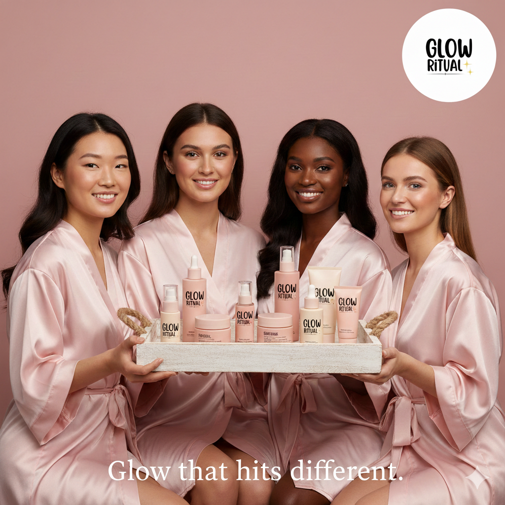 FOUR LADIES WITH HOLDING WOODEN TREY OF SKIN CARE PRODUCTS