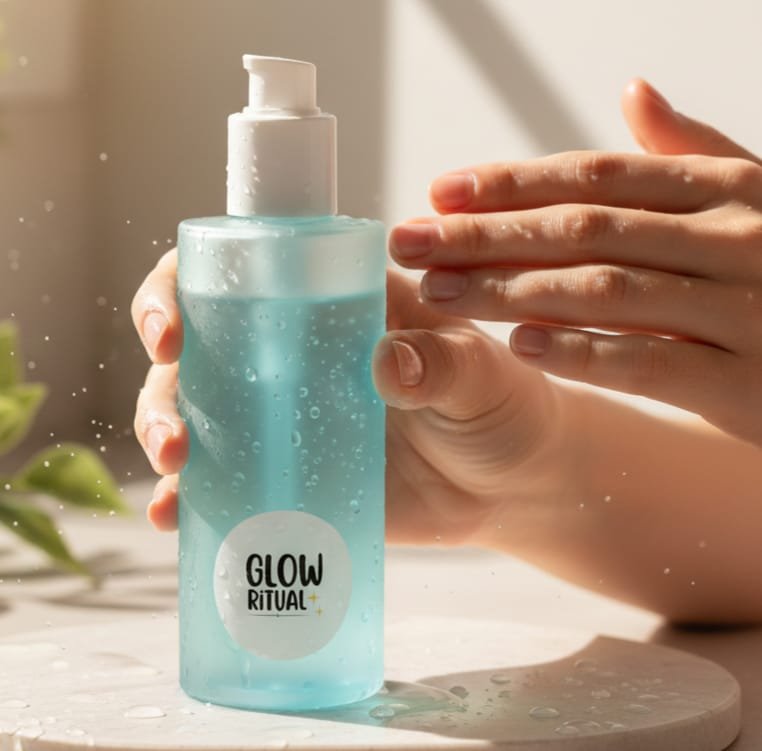 “Skincare toner bottle with hands applying product, fresh water droplets, soft natural light, clean beauty style”