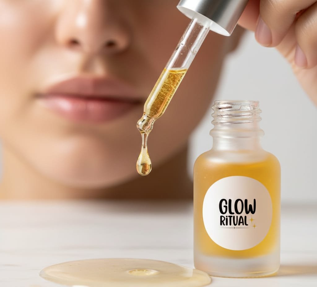 “Dropper serum close-up, serum drop falling, glowing skin tones, premium minimal skincare photography”