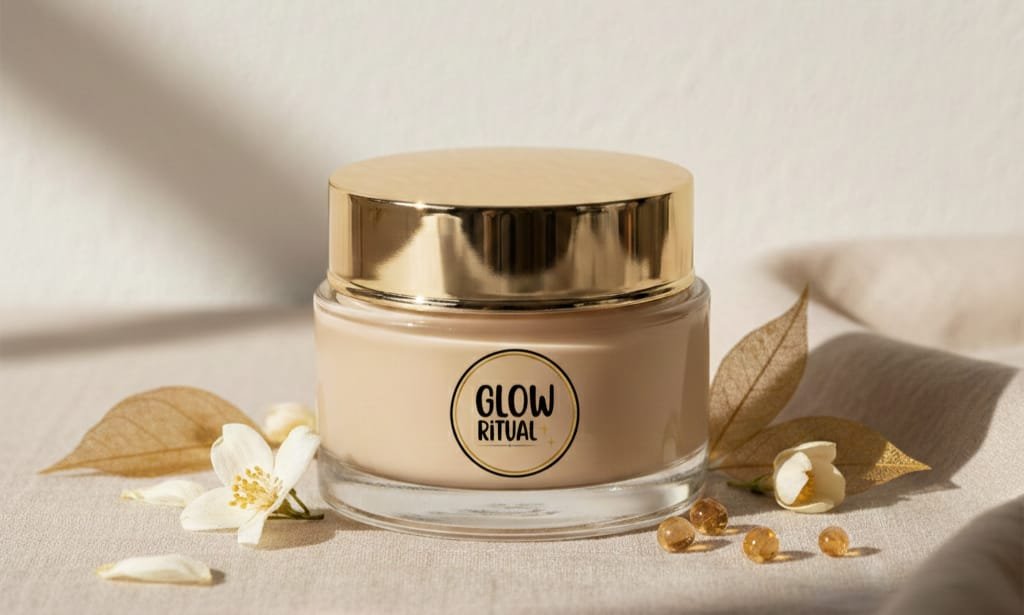 Luxury skincare hero image for a premium face mask brand called “Glow Ritual”, minimalist aesthetic, elegant glass face mask jar placed at center, soft creamy mask texture visible inside the jar, subtle botanical elements around the product, neutral color palette with beige, ivory, and soft gold tones, clean background, spa-inspired mood, natural diffused lighting, high-end beauty editorial photography, shallow depth of field, ultra-realistic, calm and glowing atmosphere,