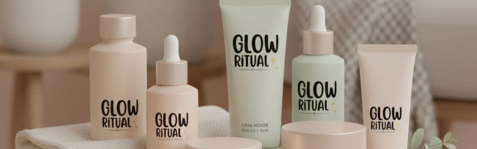 “Modern skincare hero image with soft glow effect, dewy skin, pastel neutral tones, cozy self-care vibe, aesthetic lifestyle photography, minimal props, calm and soothing mood”